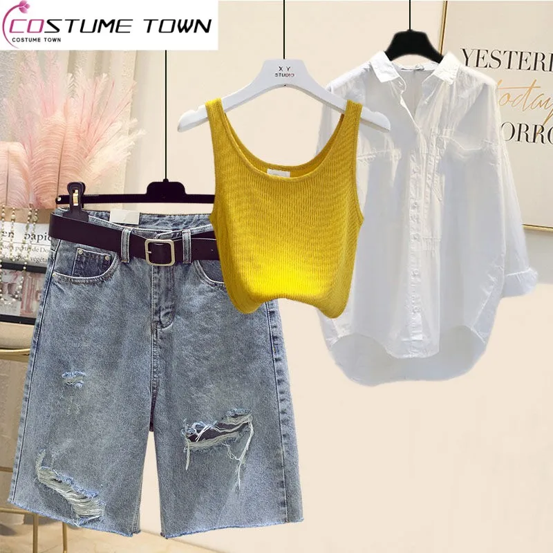 Spring and Summer Suit Women's 2023 New Western-style Shirt Tank Top Slim and Versatile Denim Shorts Three-piece Set