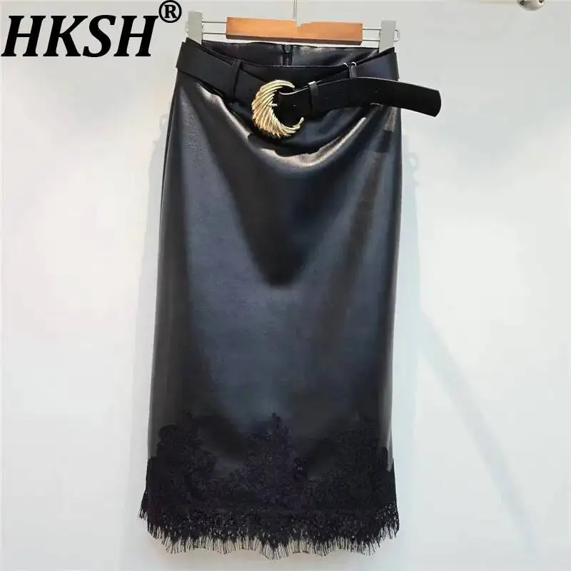

HKSH Women's Skirt Fashion Design Lace Spliced Sashes Elegant Stylish High Street Color Block PU Leather Straight Skirts HK25611