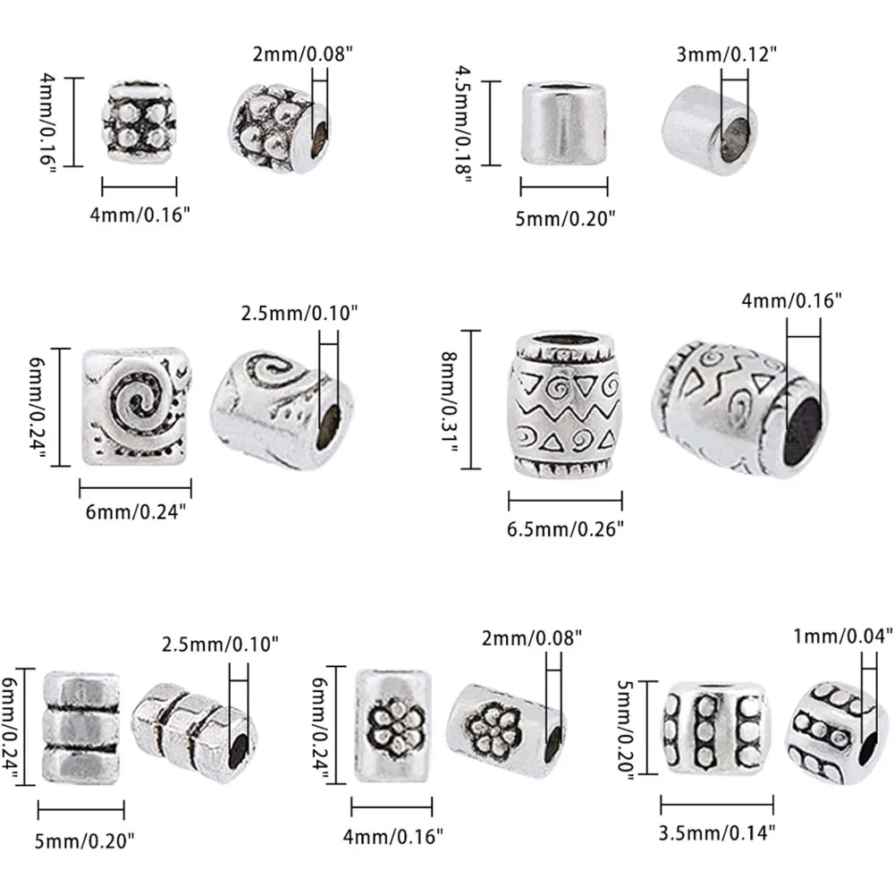 260pcs 7 Style Tibetan Spacer Beads Antique Silver Column Alloy Tube Metal Spacers European Large Hole Loose Beads Spacers