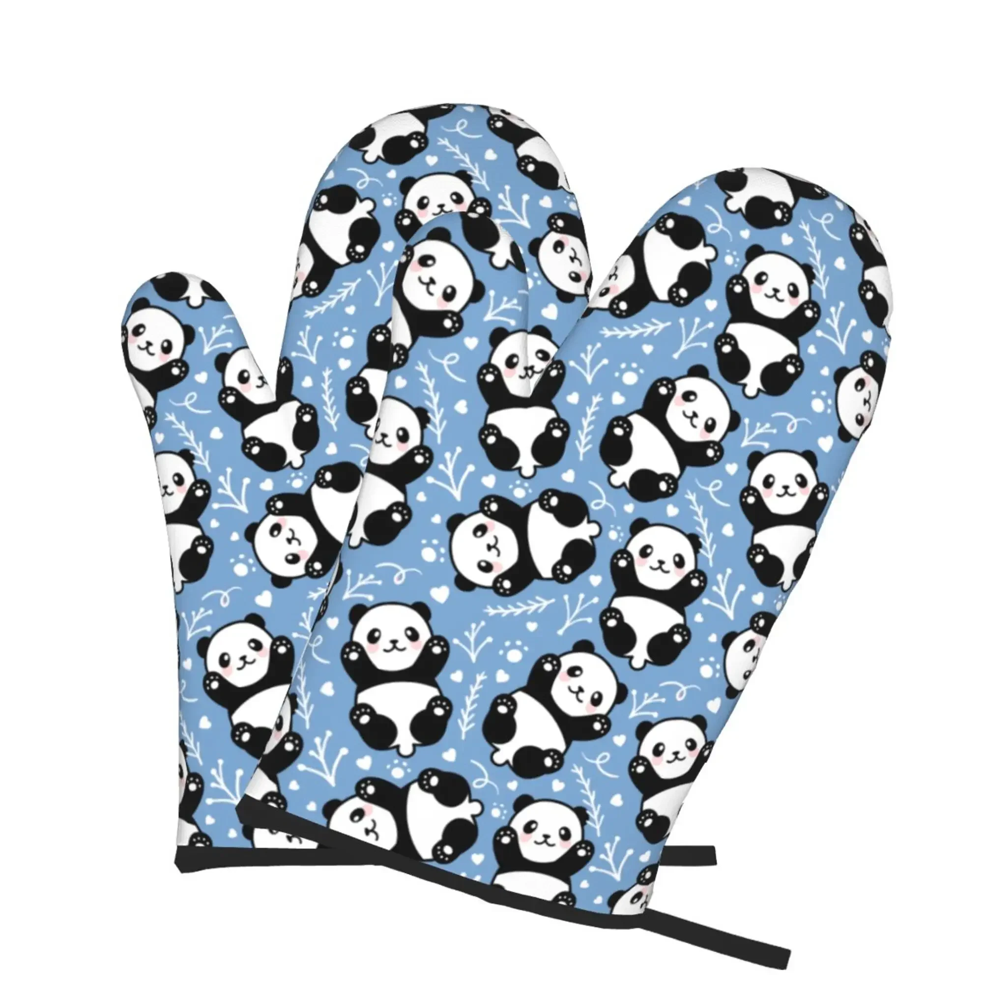 Panda Cute Blue Heat Resistant Gloves Oven Mitts Gloves Kitchen Decor Heat Resistant Pot Holders Set for Cooking Baking BBQ 2pc