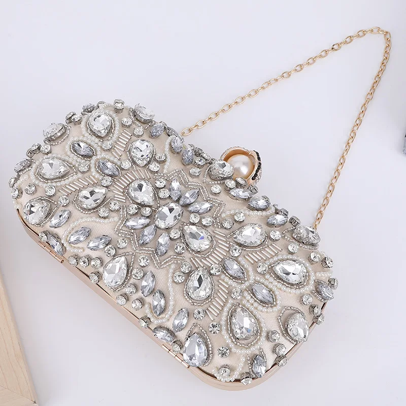 YYW Crystal Pearl Beads Clutch Purse for Women Evening Handbags Formal Rhinestone Wedding Prom Cocktail Party Shoulder Chain Bag