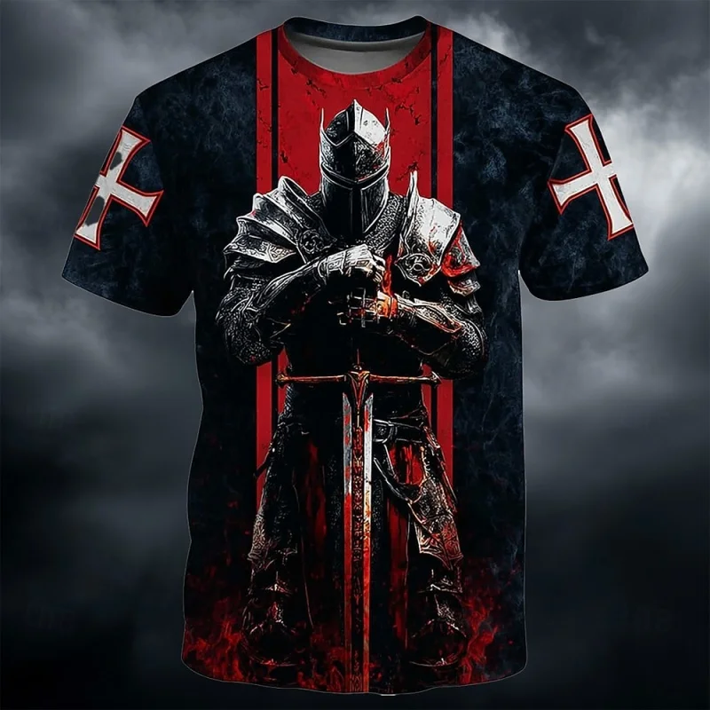 3D Print Templar Knight Warrior T-Shirt For Men Medieval Graphic Short Sleeve Tees Summer Casual Street Tops Round Neck T Shirts