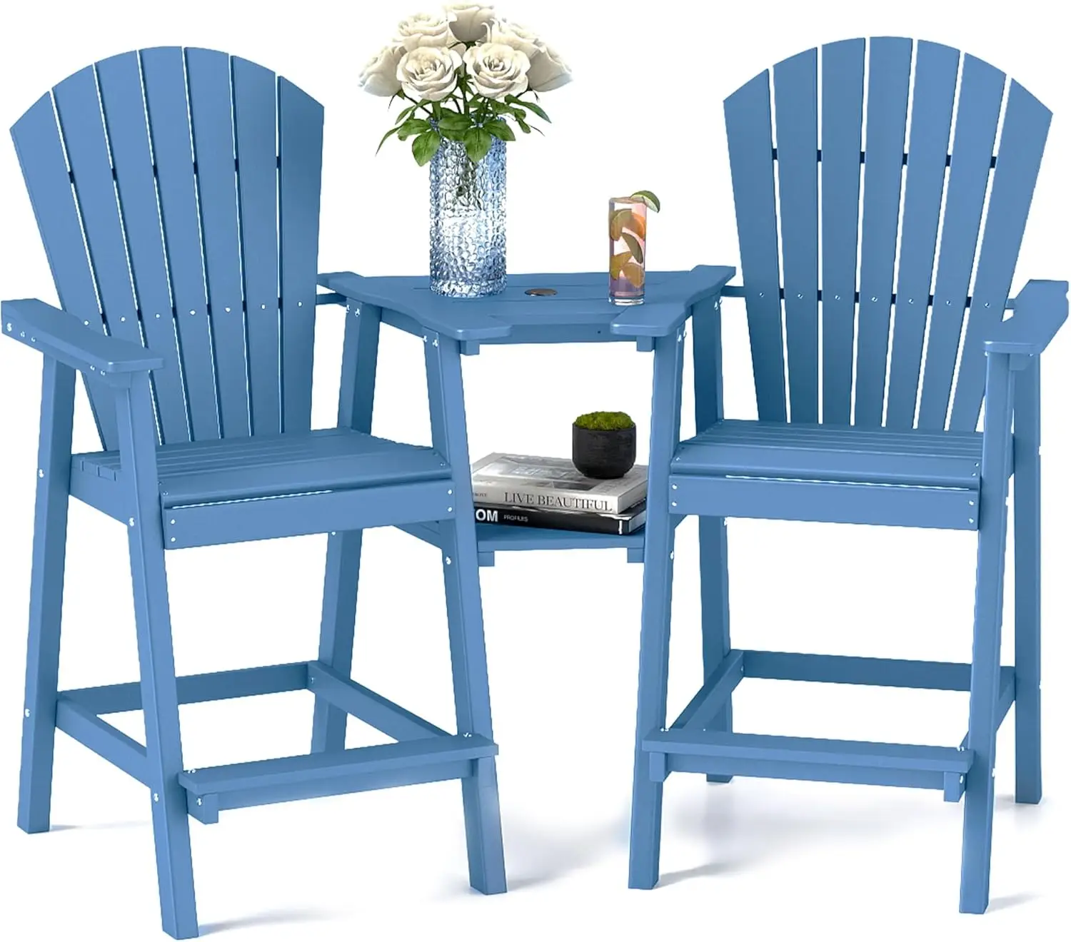 Tall Adirondack Chairs Set of 2,Recycled Poly Balcony Chair with Double Connecting Tray Patio Stools Weather Resistant