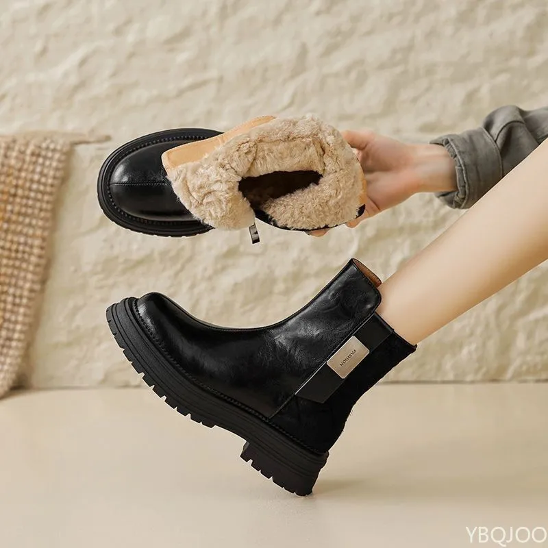 Botas de tacón medio minimalistas y elegantes, zapatos cálidos y cómodos para mujer, nuevas botas de nieve versátiles a la moda para Otoño e Invierno