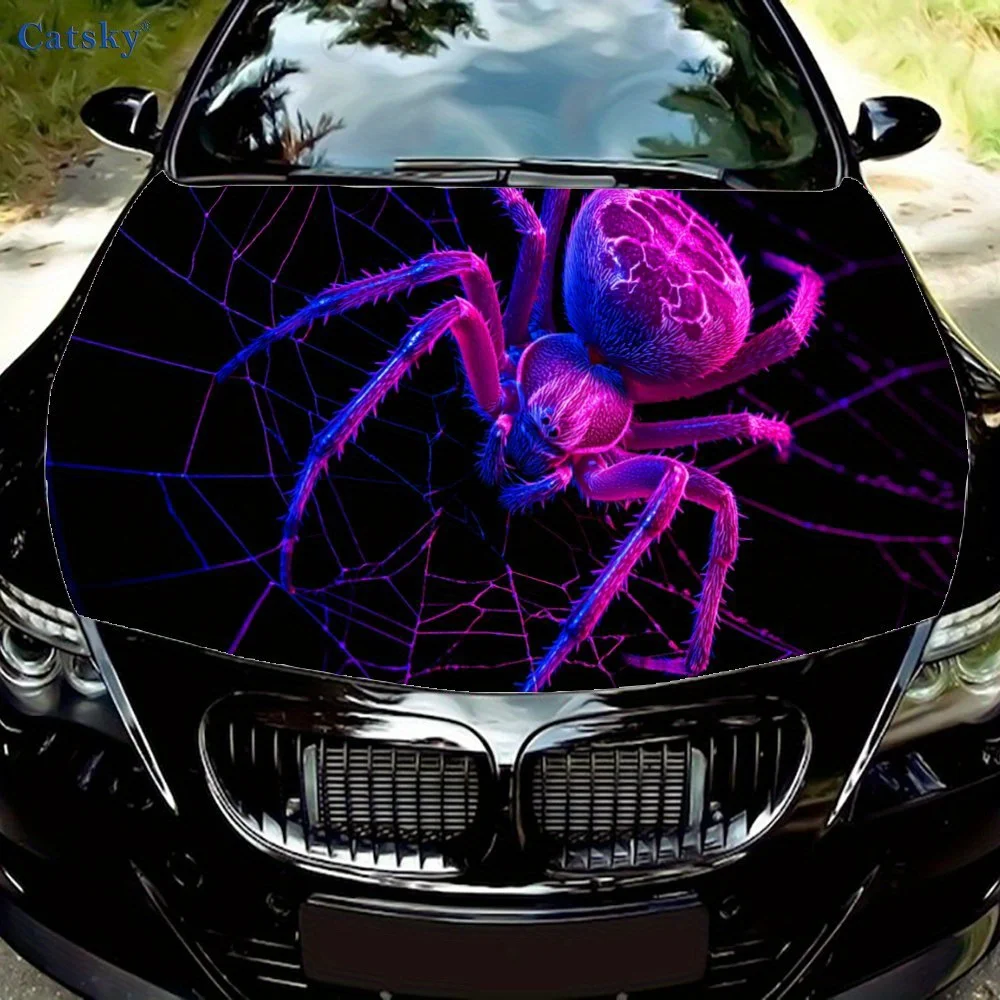 

Neon Spider Web and Spider Car Vinyl Wrap, PVC Waterproof Car Hood Sticker, Self-Adhesive Scratch-Resistant Stickers for Engine