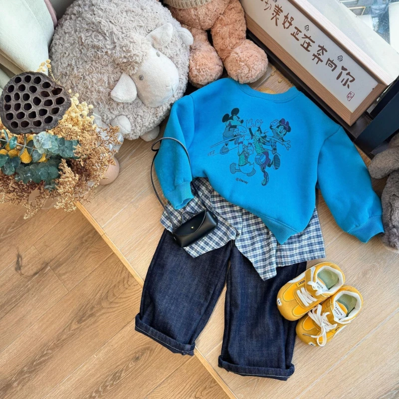 طقم هوديي شتوي للفتيات، بلوفر وسروال من القطيفة بطباعة كرتونية للأطفال، بلوزة فضفاضة