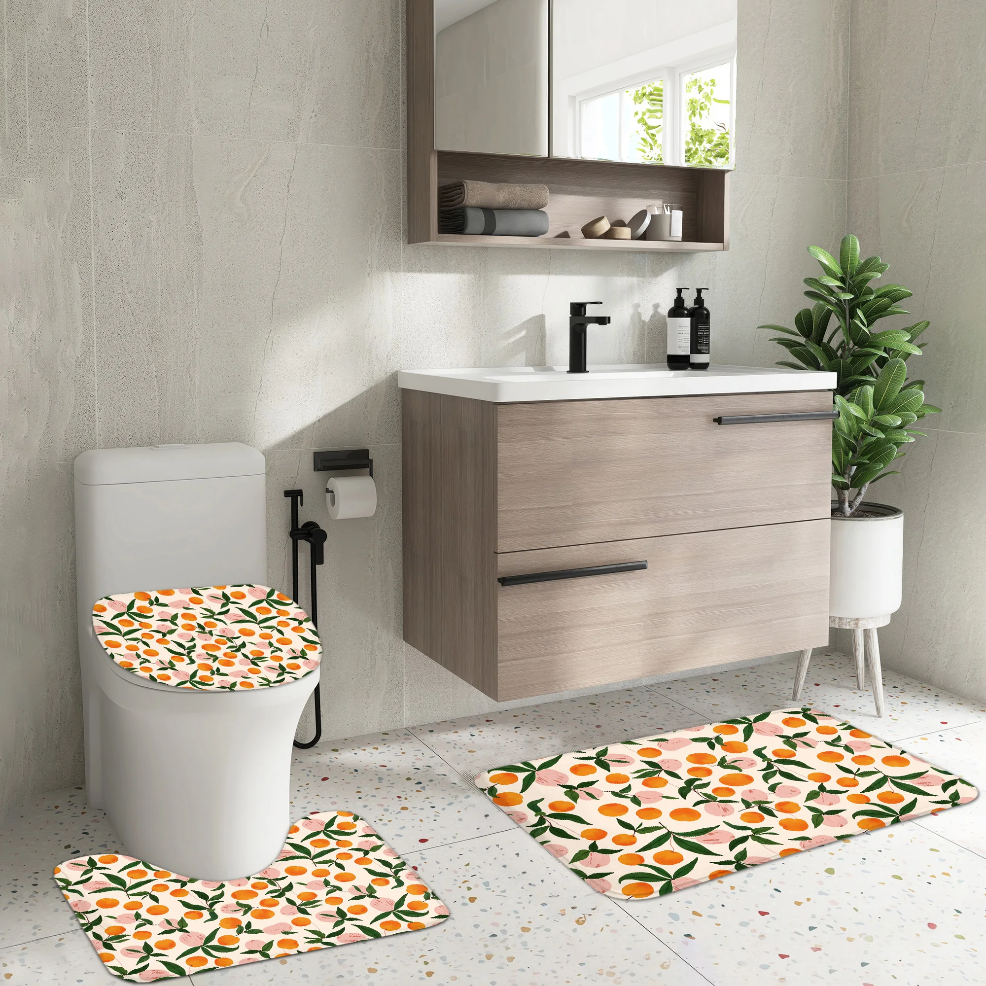 愛らしいピーチ柄のシャワーカーテン4枚セット、フルバスルーム - Home Bathroom With Two Toilets のレビューと価格