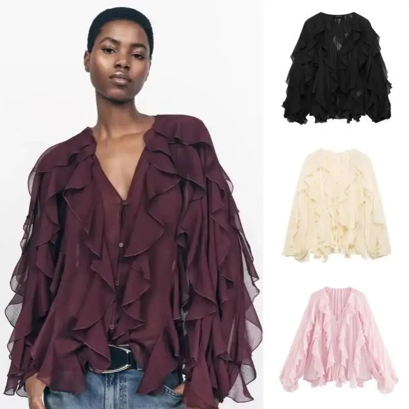 

Mesh Ruffles Elegant Blouses Women Button Office Lady Casual Shirts V-neck Chic Long Sleeve Top Solid High Street Outfits Female