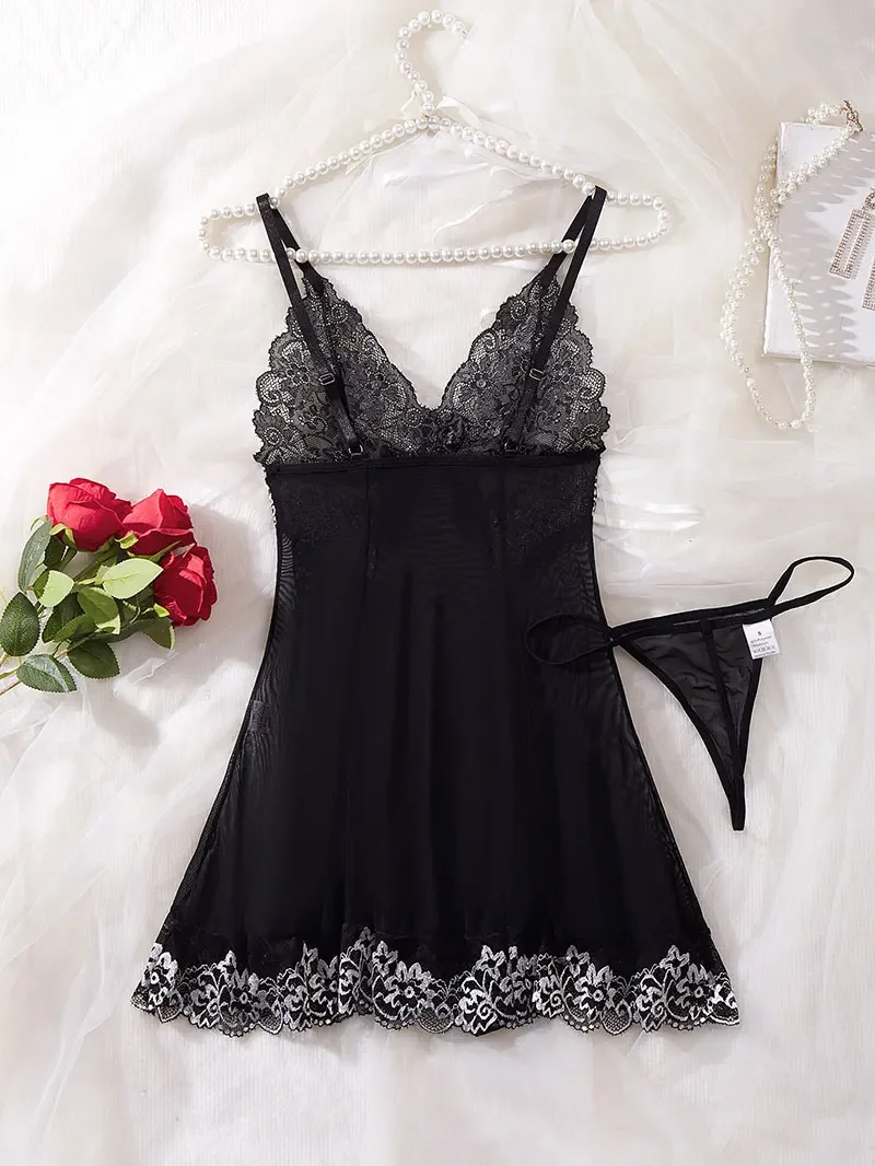 Transparent Dress Exotic Cotumes  New Erotic Pajamas Set Lace Sleepwear For Women Babydoll Sexy Lingerie Hot Nightdress Open Bra