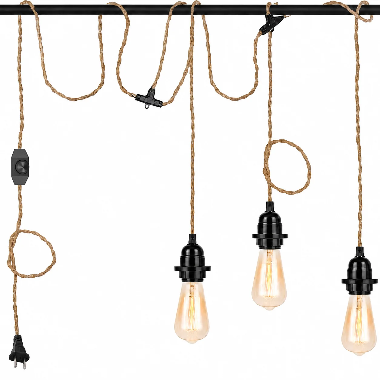 JOYINLED Plug in Pendant Light Triple E27 Socket with Dimmer Switch, Vintage Twisted Hemp Rope Hanging Lamp Farmhouse Fixture
