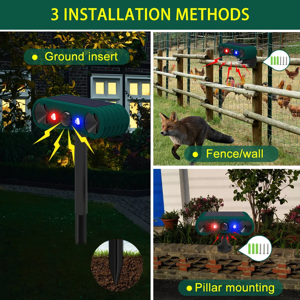 Solar Powered Ultrasonic Animal Repeller Motion Sensor and Flashing Light for Anti Theft Farm Garden Lawn for Outdoor Pest