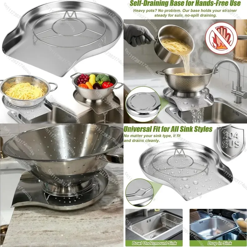 Stainless Steel Kitchen Sink Strainer Filter Drain Base Metal Countertop Drain Tray for Food Waste Catcher Organizer