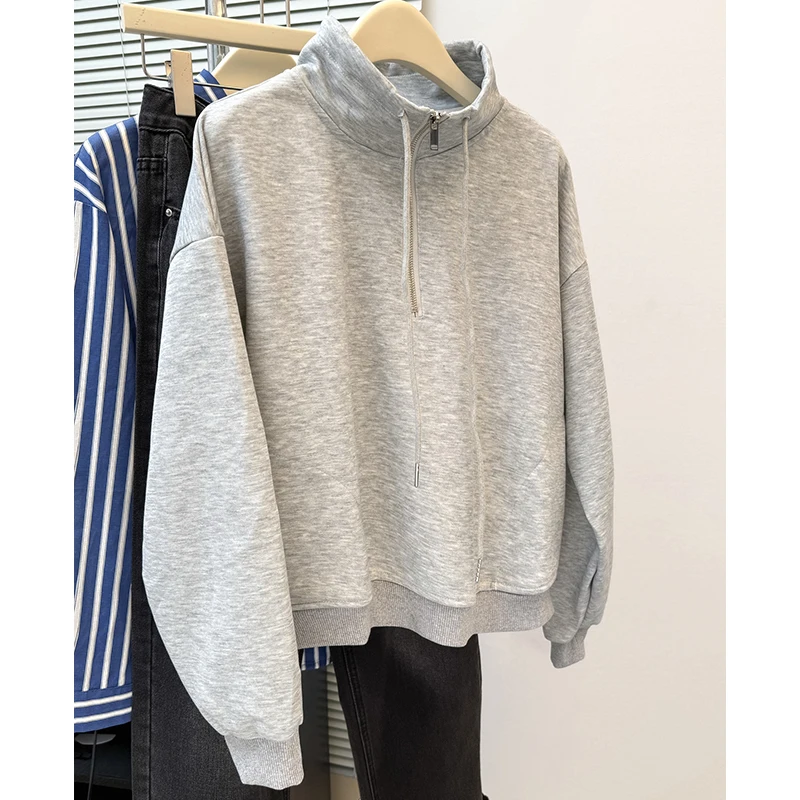 Women's Cropped Half Zip Sweatshirt Casual Stand Collar Long Sleeve Loose Pullover Solid Gray Lazy Style Daily Autumn Top