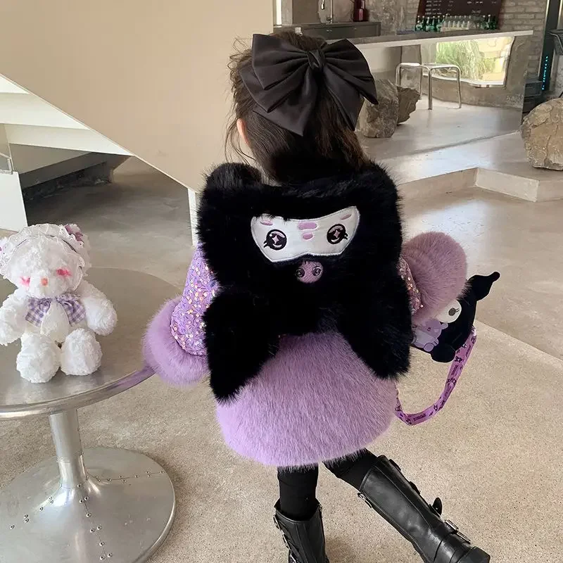 Anime Sanrioed Kuromi Vestiti per ragazza Giacca in peluche Giacca imbottita con cappuccio moda Autunno Inverno Cappotto di pelliccia caldo