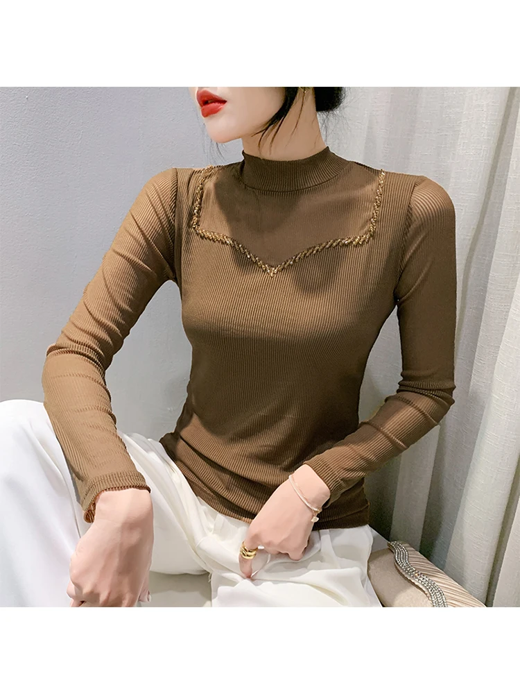 MadBlack European Clothes Tshirt Women Sexy Round Collar Hand Made Beaded Slim Long Sleeve Office Tees Autumn Spring T38058JD