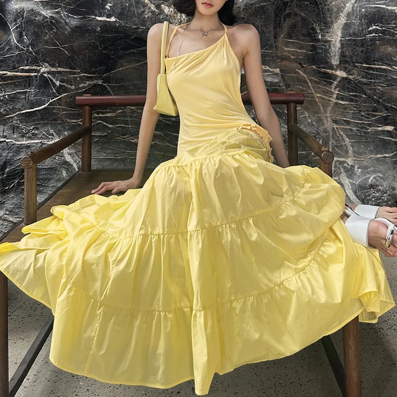 Boho Style Pure Ruffle Pleated Maxi Dress for Women Sexy Halter Backless Hollow Long Dress Summer Casual Loose Sling Party Dress