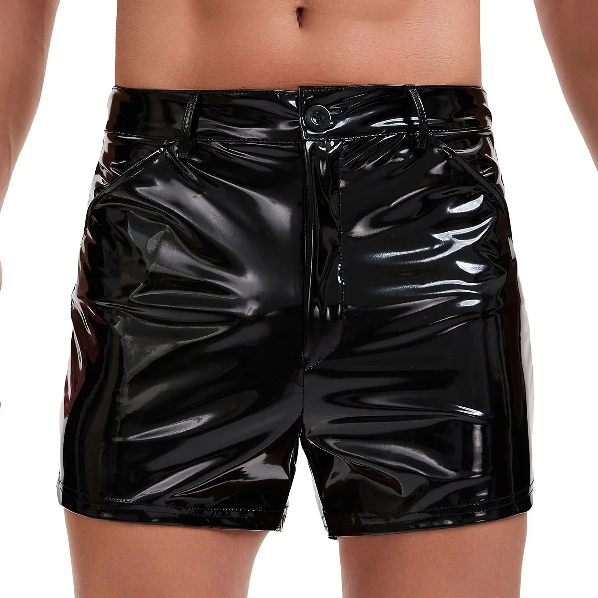 Herren Wet-Look Glänzende PVC PU Leder Hotpants mit Seitentaschen Knopfverschluss Slim Fit Nachtclub Bühnen Party Casual Clubwear Bermudas – Detail 1