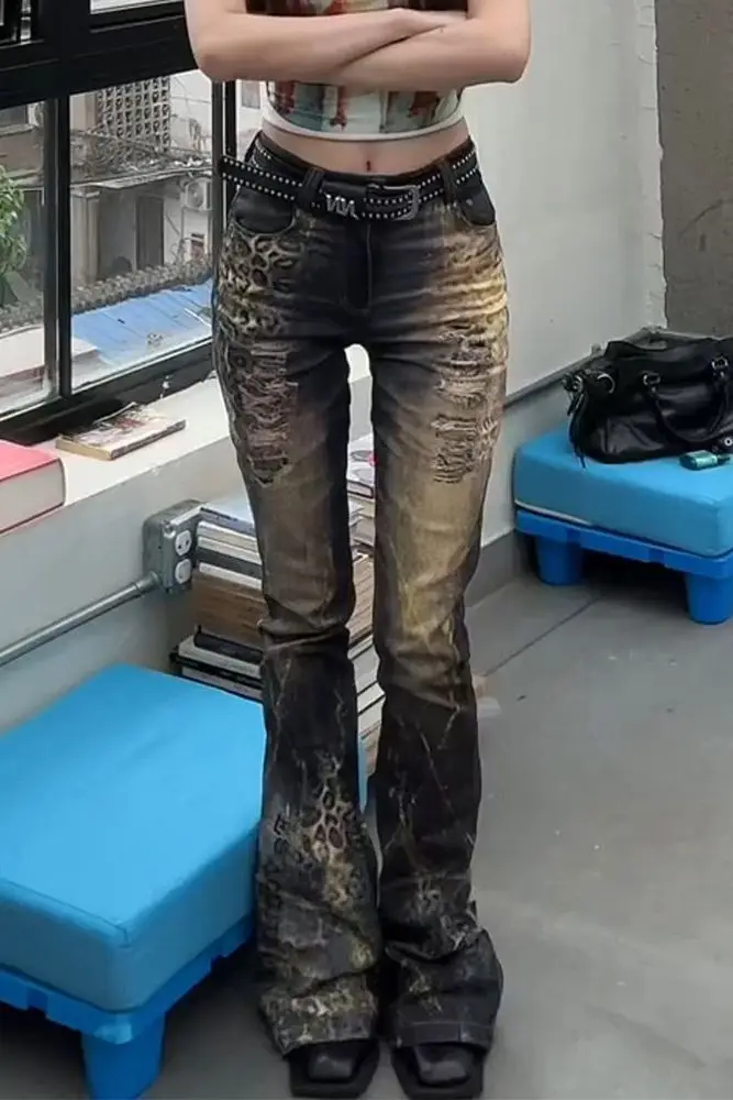 

Американские расклешенные джинсы больших размеров с леопардовой фольгой для женщин Y2K Millennium Hot Girl Style, джинсовые брюки с перетащением по подолу