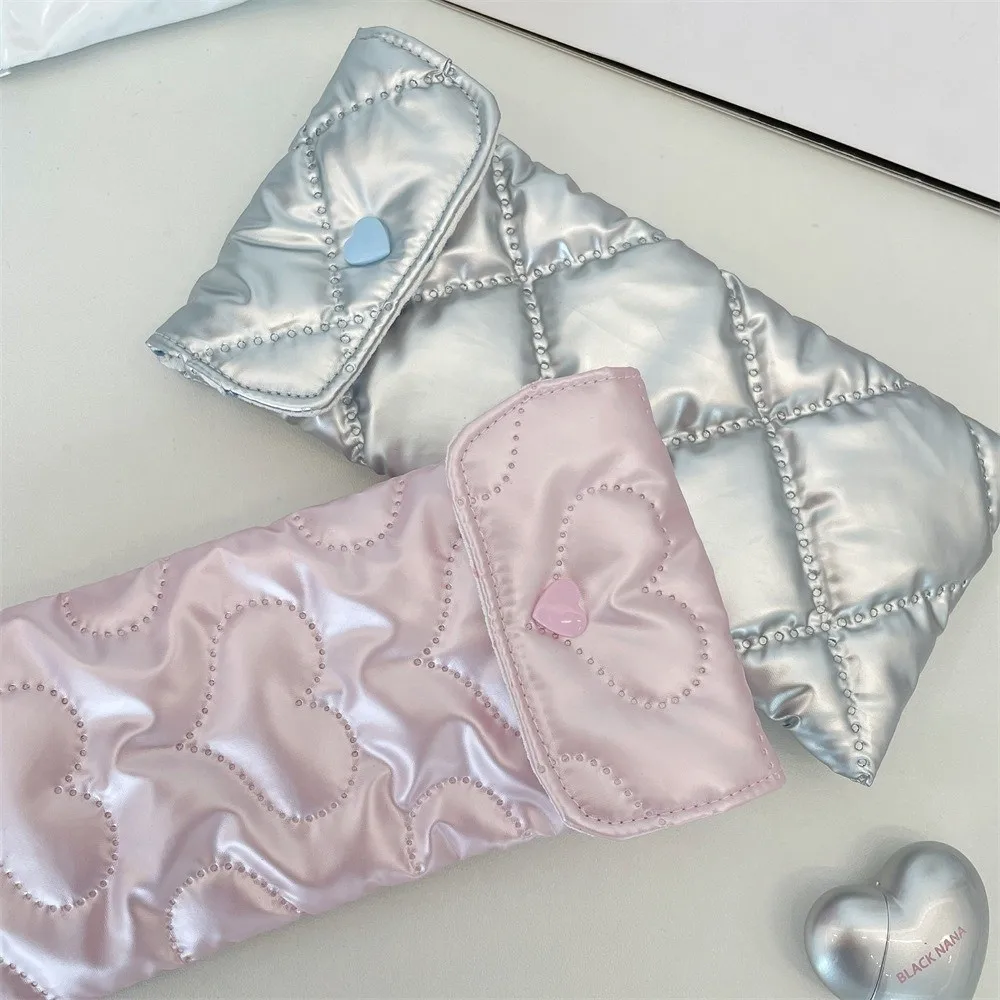 PU Bow Sunglasses Pouch Shiny Surface Heart Embossed Eyewear Carry Case Snap Button Quilted Satin Small Item Organizer
