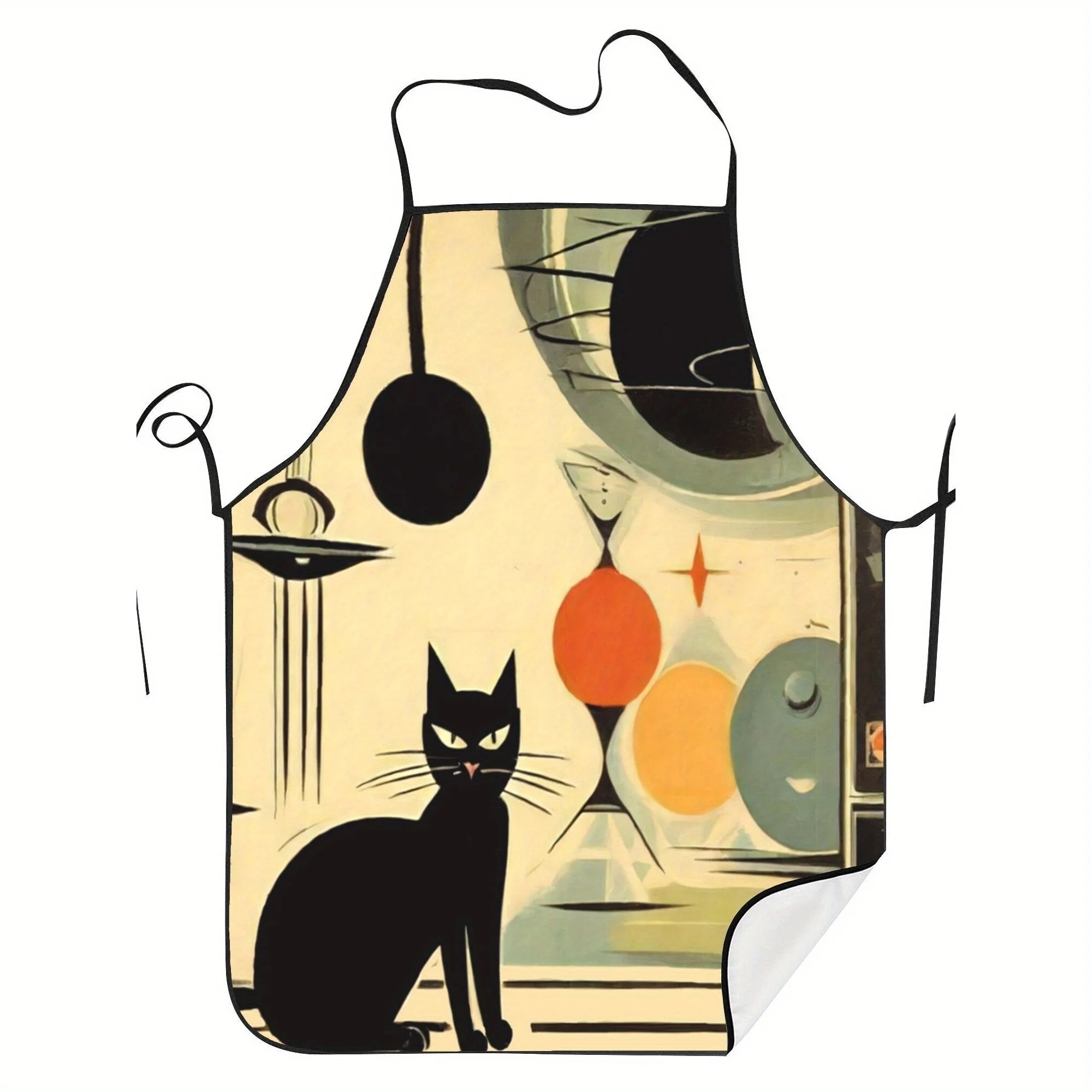 Mid-Century Atomic Cat Retro Design Unisex Apron - 100% Polyester Kitchen & Salon Apron with Vintage Modernist Art, Machine Wash