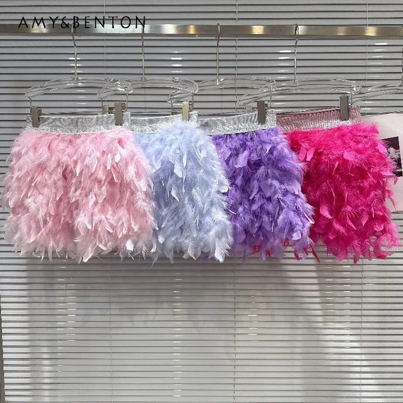 

New Fashion Show Performance Colorful Furry Elastic Waist A Line Short Half Skirt Women's Trendy Stage Casual Party Mini Skirts