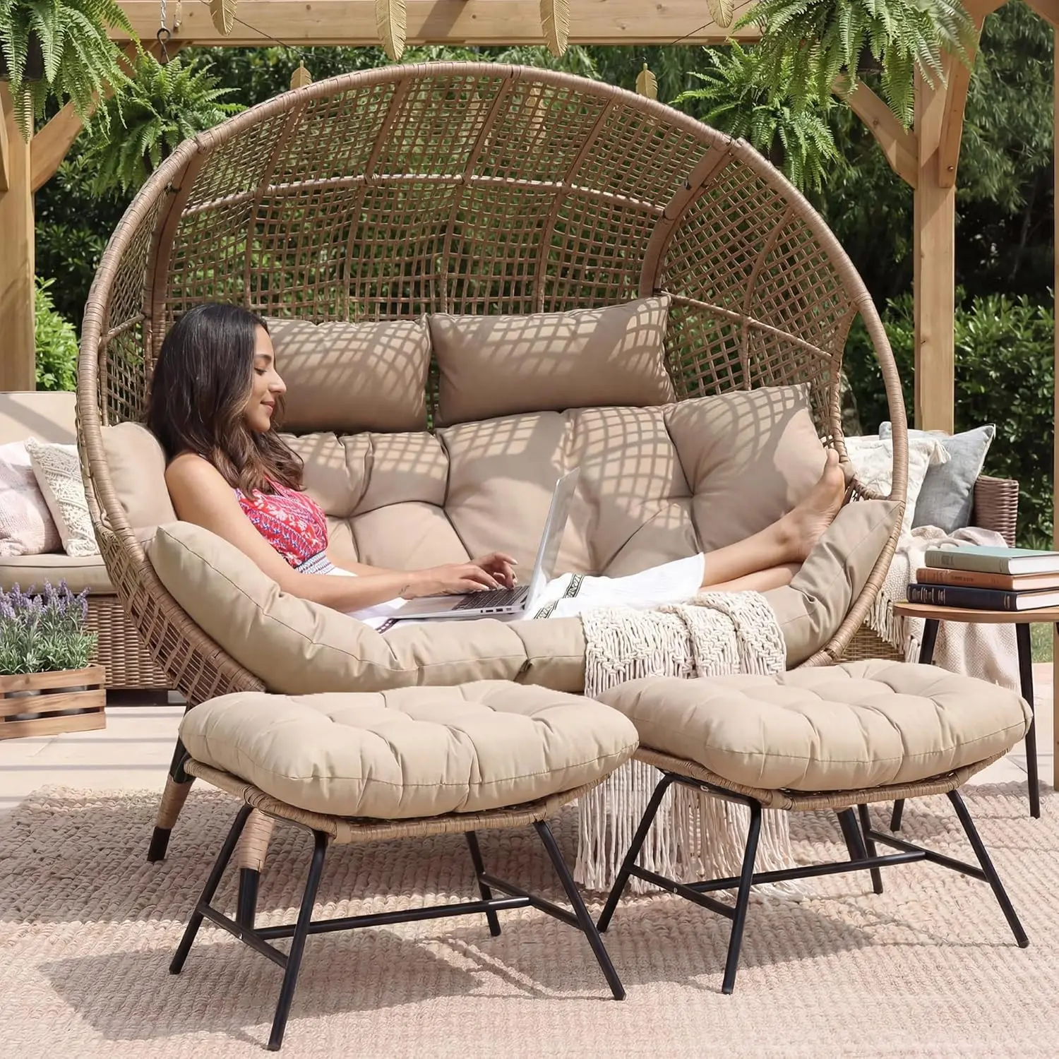 

Oversized Wicker Egg Loveseat With Footstools Cushions Deep Seating 2 Person Indoor Outdoor, Customized