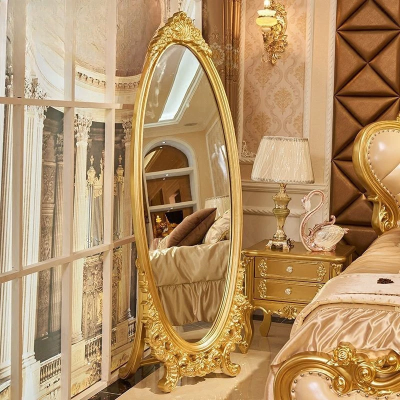 

European full-length mirror, solid wood whole body, floor-to-ceiling mirror, three-dimensional bedroom gold.