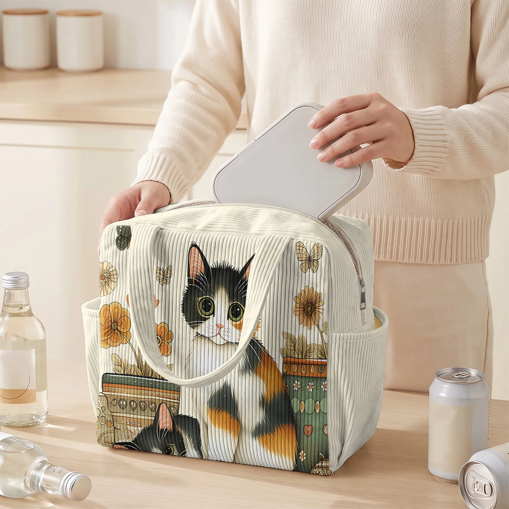 Corduroy Cream Cat Floral Print Insulated Lunch Bag Handheld Thermal Bento Bag with Side Pocket for Work Outdoor