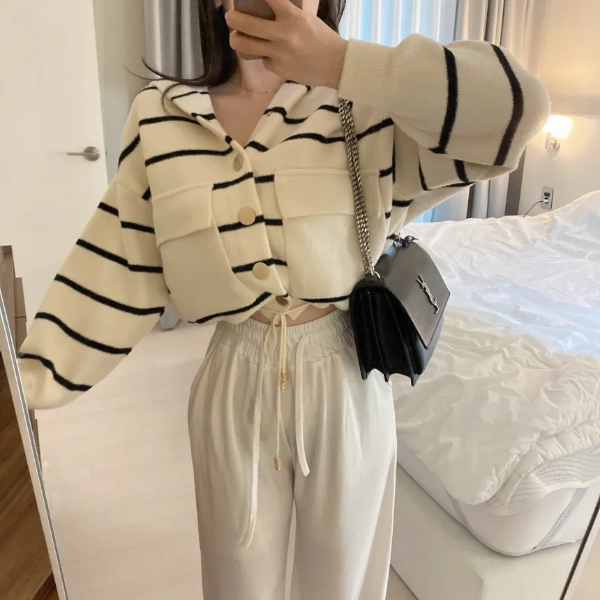 Loose Women's Knitted Cardigan Coat with Big Pockets Striped Splicing Drawstring Hem Single Buttoned Open Front Sweater