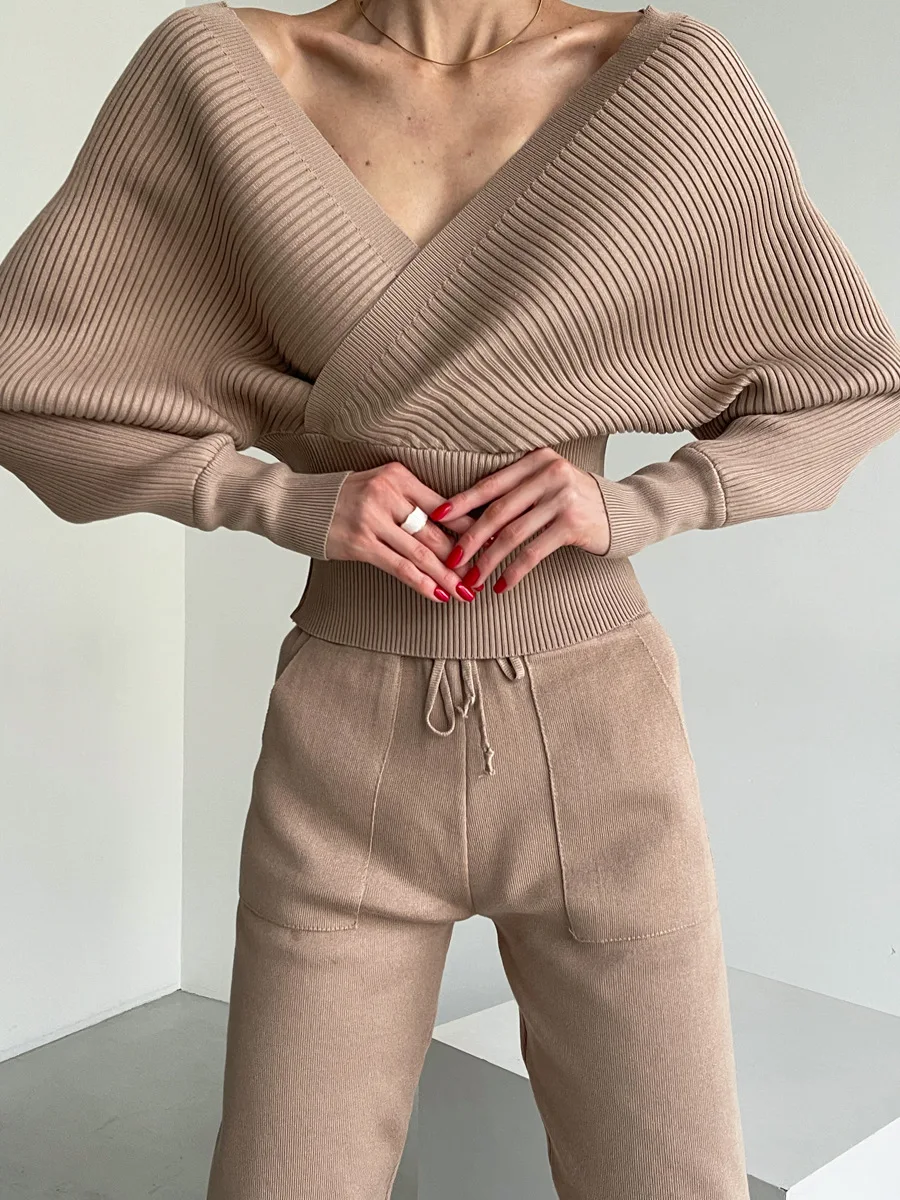 Sexy Off Shoulder Knitted Two Piece Set Sleepwear Women Long Sleeve Sport Tracksuit 2 Piece Sweater Pants Home Suit Pajamas Lady