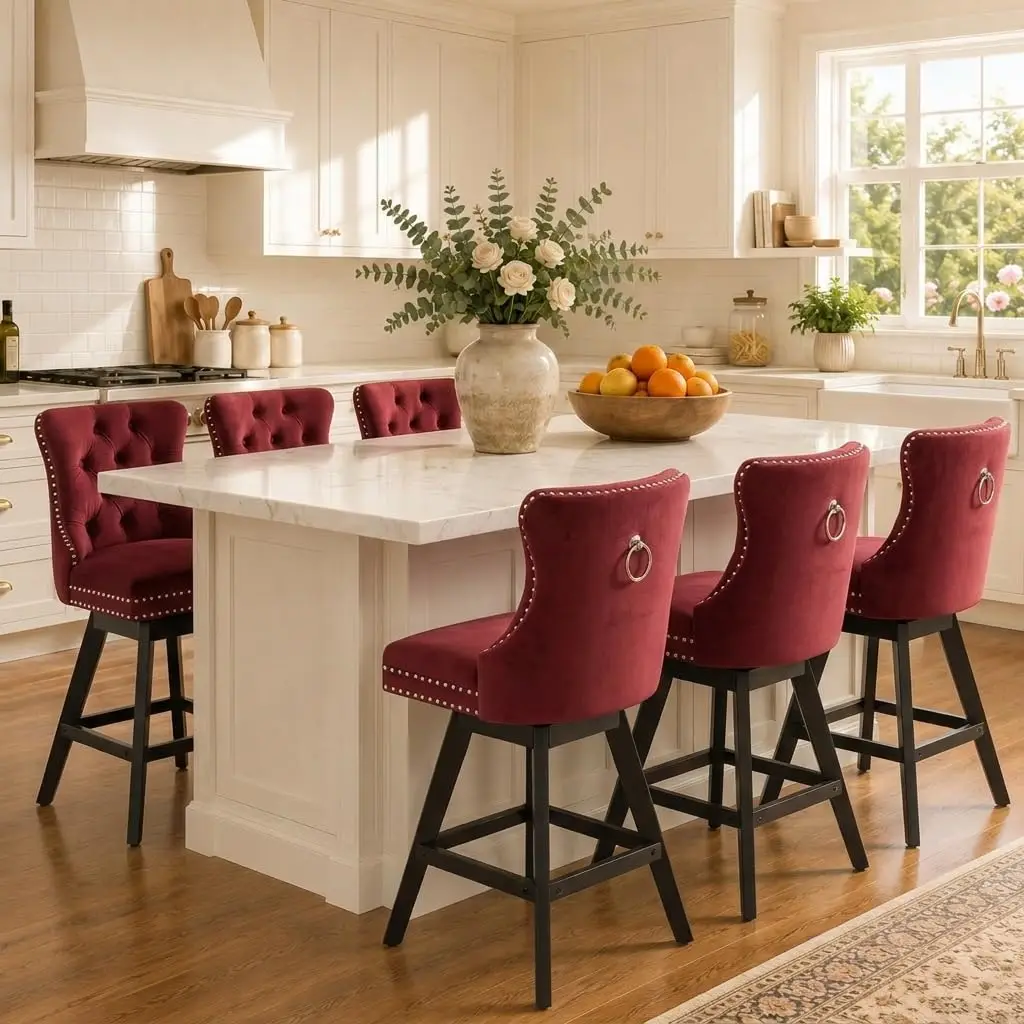Swivel Counter Bar Stools 6Pcs, Modern Kitchen Island Barstools with Backs, Velvet Chairs Wood Legs Burgundy, Customized