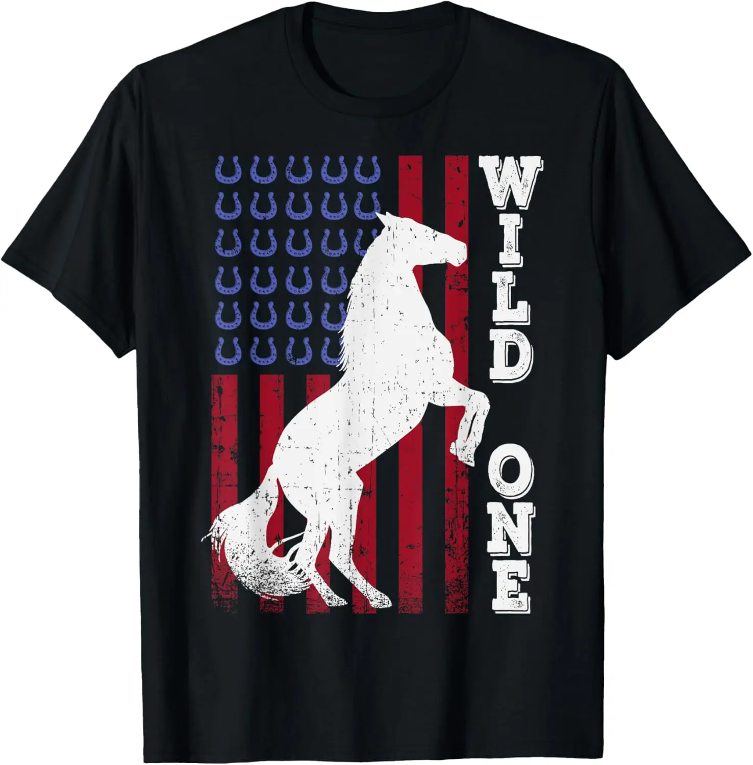 

Vintage Grunge American USA Flag Wild One Mustang Horse T-Shirt