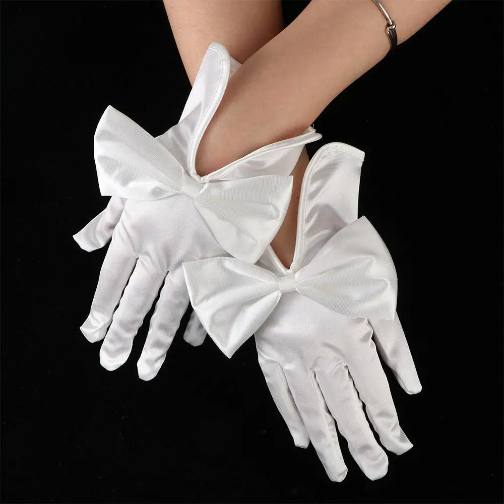 Sweet Bow Short Full Fingers Gloves Elegant White Ivory Satin Bridal Wedding Gloves for Women Party Dancing Accessories