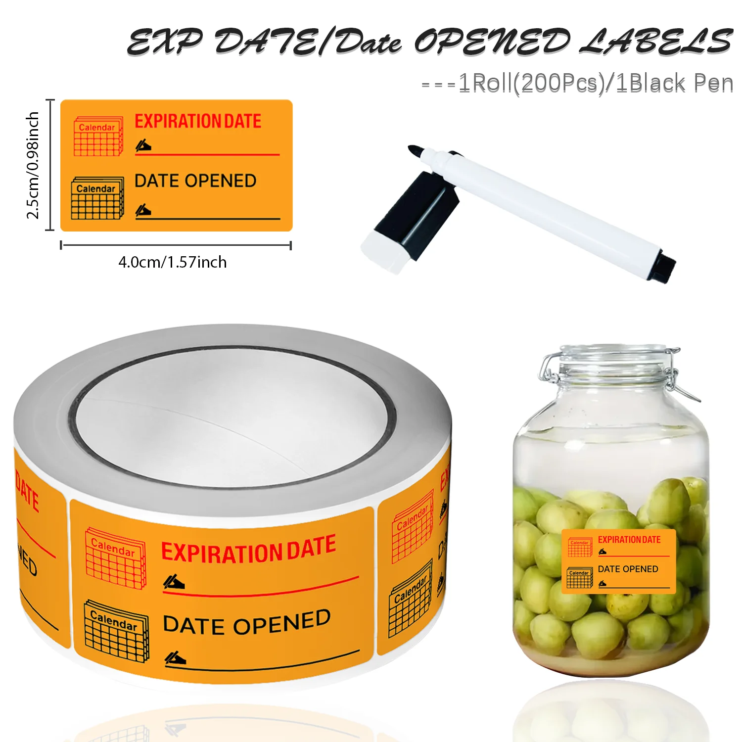 1 Rolle (200 Stück) ERWEITERUNG/GESCHÖFFNETE Datumsaufkleber mit schwarzem Markierungsstift 0,98 * 1,57 Zoll Satety Date Freezer Speisekammer Indexetiketten Siegeletikett