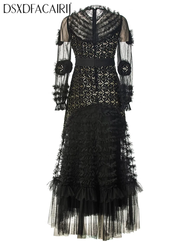 DSXDFACAIRIJ فستان ماكسي نسائي برقبة دائرية ترتر مطرز بأكمام واسعة وكشكشة فستان شبكي عتيق لأزياء الخريف