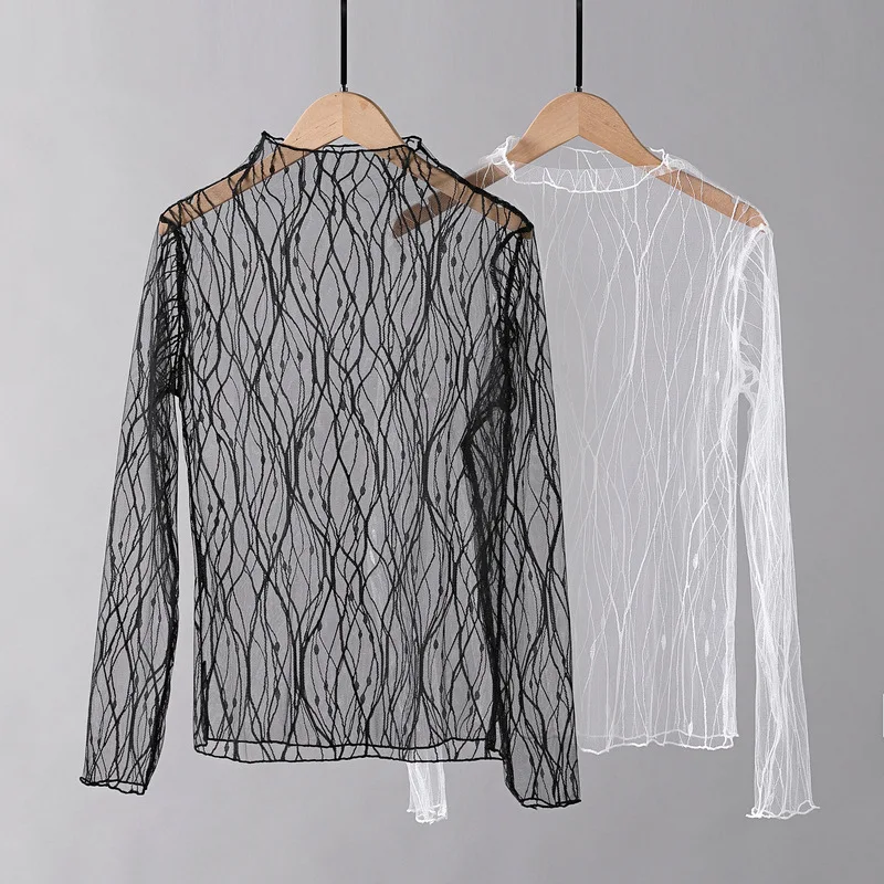 Elegant Lace T-shirt For Women Mesh Long Sleeve Tops Hot Sexy Transparent High Neck Black Lace Bottoming Shirts Punk Tee Tops