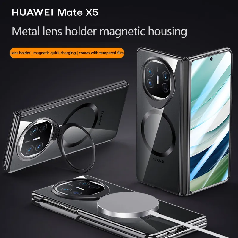 Metal Lens kickstand Magsafe Case For Huawei Mate X5 X3 Wireless Magnetic Charging PC Hard Protector Cover With Tempered Film