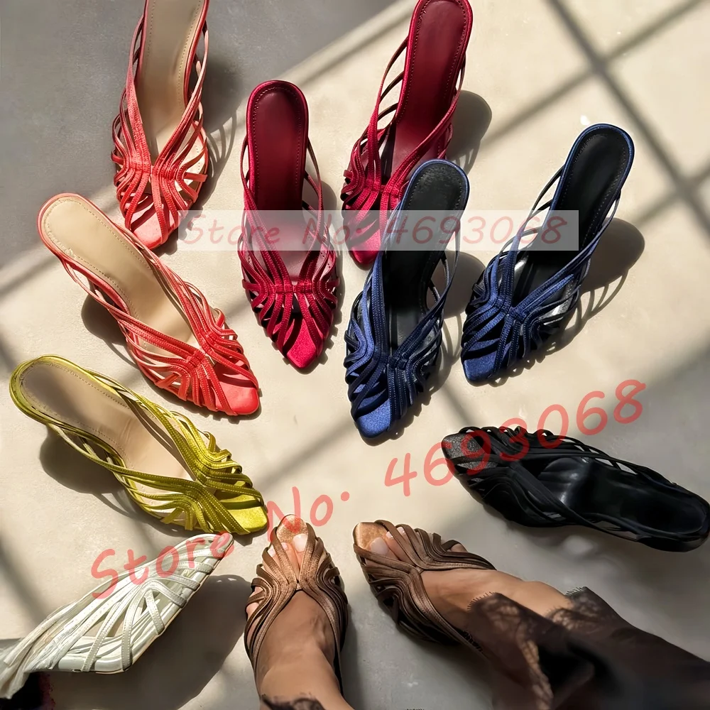 Pointy Peep Toe Cross Strap Heels Mules Women Classy Thin Strap Summer Satin Stiletto Shoes Luxury Ladies Casual Custom Slides