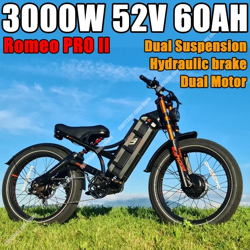 Romeo Pro II Ebike 3000W Dual Motor 52V60AH 26*4.0Fat Tire Electric Bicycle Mountain Snow Off-Road Electric Bike Dual Suspension