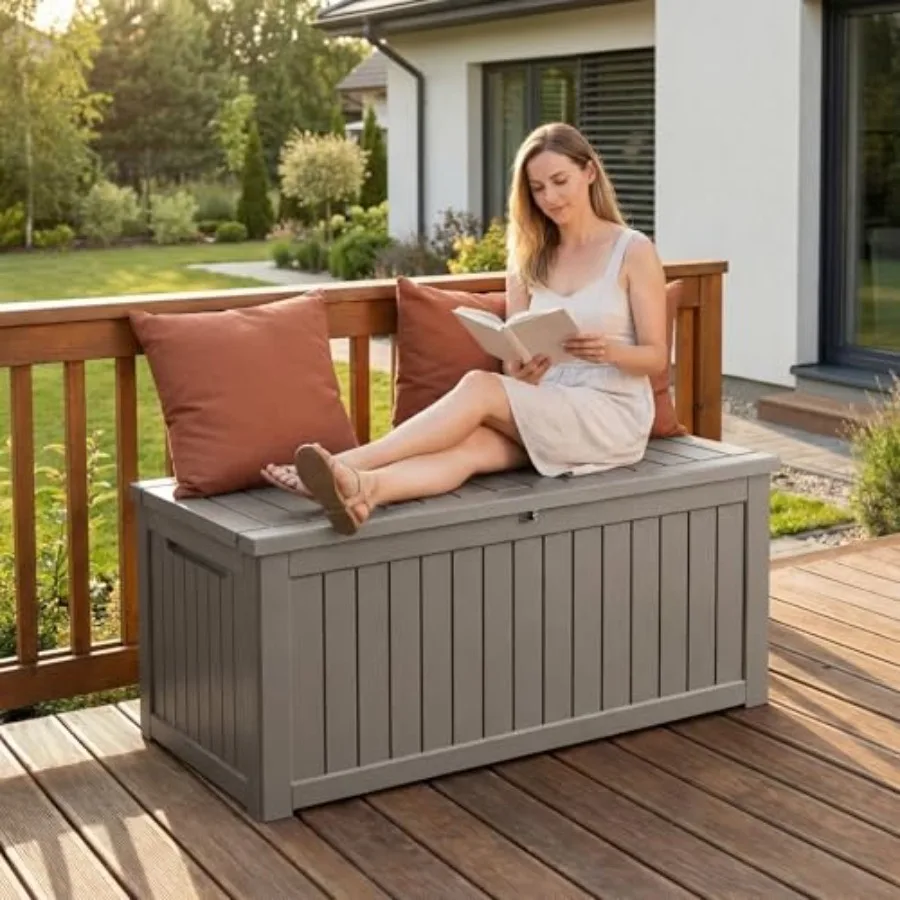 

Large Resin De Box, Heavy Du Loable Patio Storage Box Outdoor, Waterof Box for Gar Furnie Chions and Pool ps, Wood Grain Outdoo