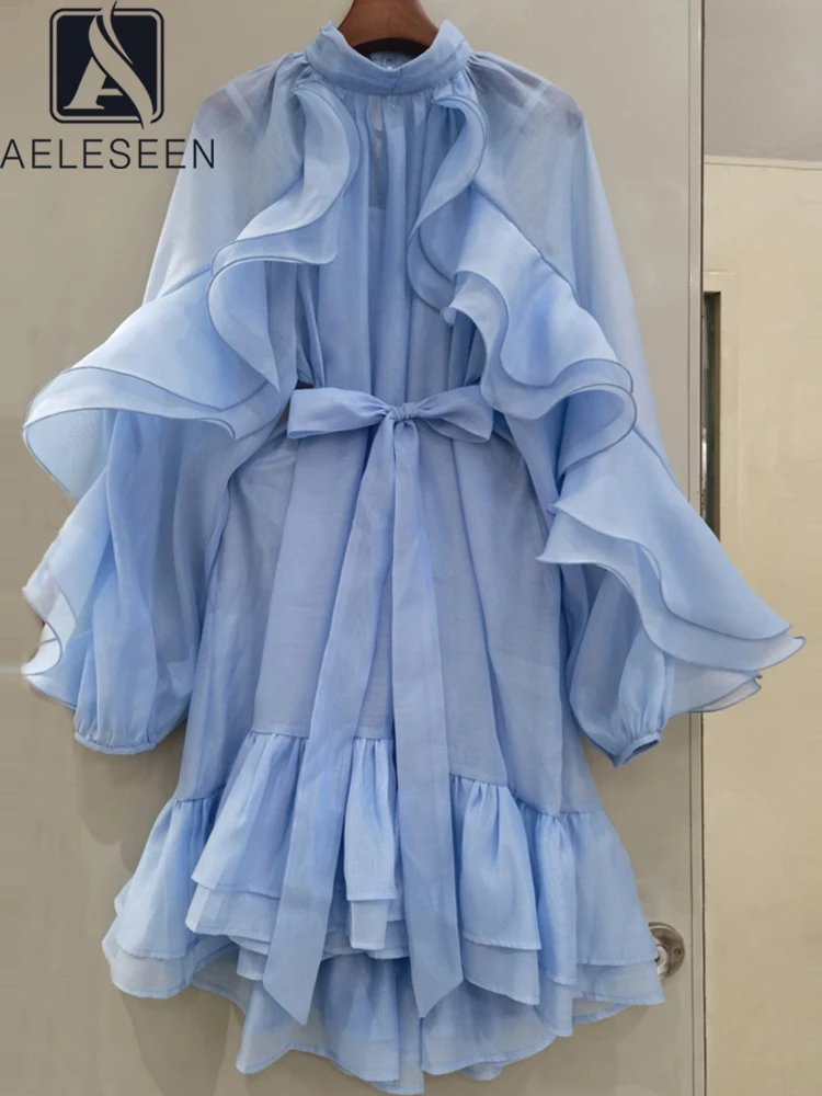 

AELESEEN 2025 Spring Summer Loose Dress Women Ruffled Lantern Sleeve Turtleneck Belt Asymmetrical Hem Feminine Casual Party