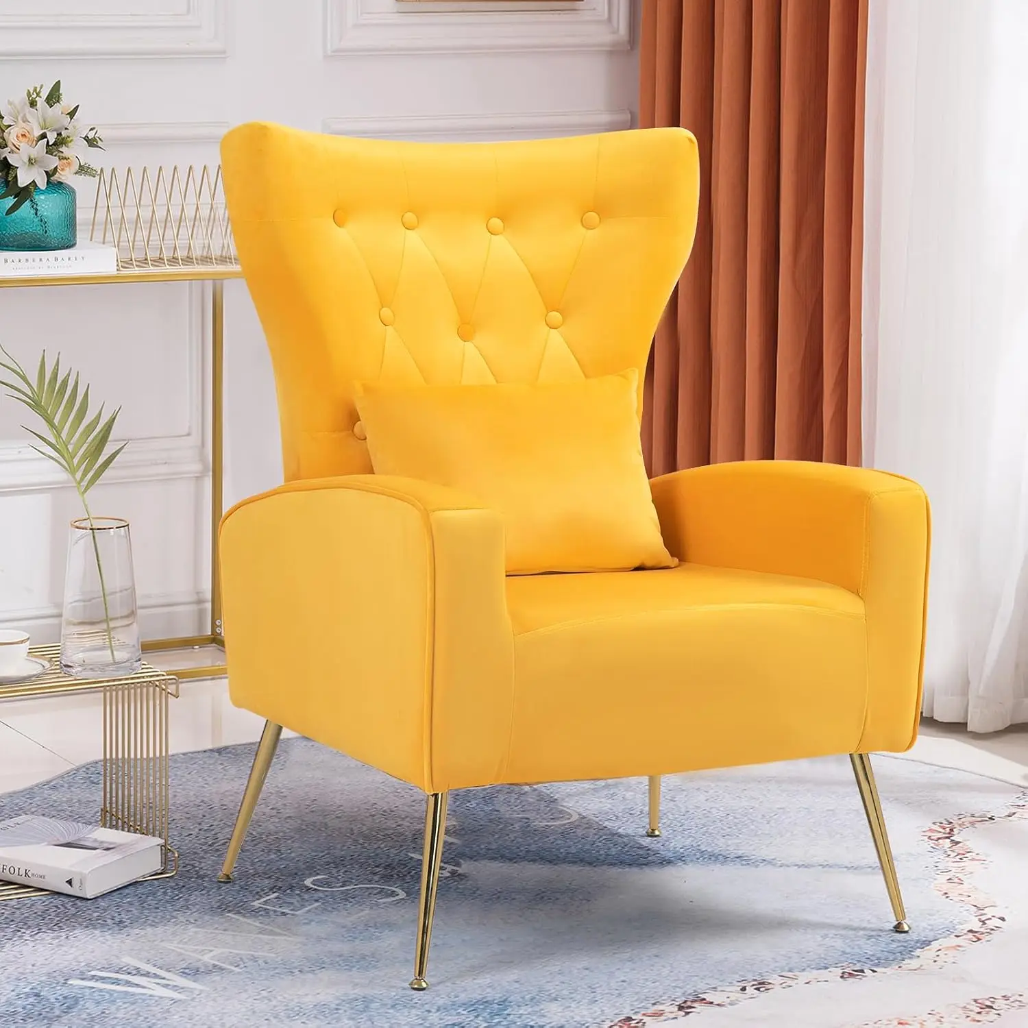 Tufted WingBack Velvet Accent Armchair with Lumbar Pillow & Golden Legs for Living Room & Bedroom, Yellow, Customized