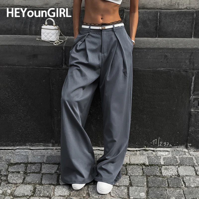 

HEYounGIRL Lace Patchwork Folds Suit Pants Women Office Wear High Street Fashion Dark Gray Straight Trousers Fall Winter Outfits