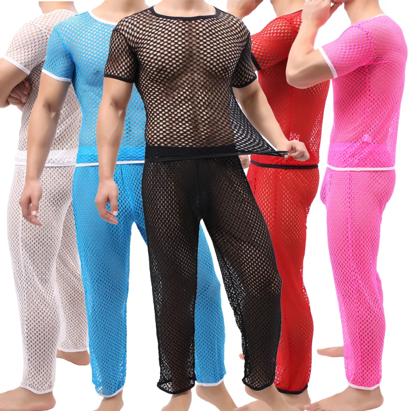 

Sexy Mens Undershirts Mesh Fishnet Short Sleeve See Through T Shirts Top Loose Pajama Pants Men Clothes Set Hollow Out Underwear