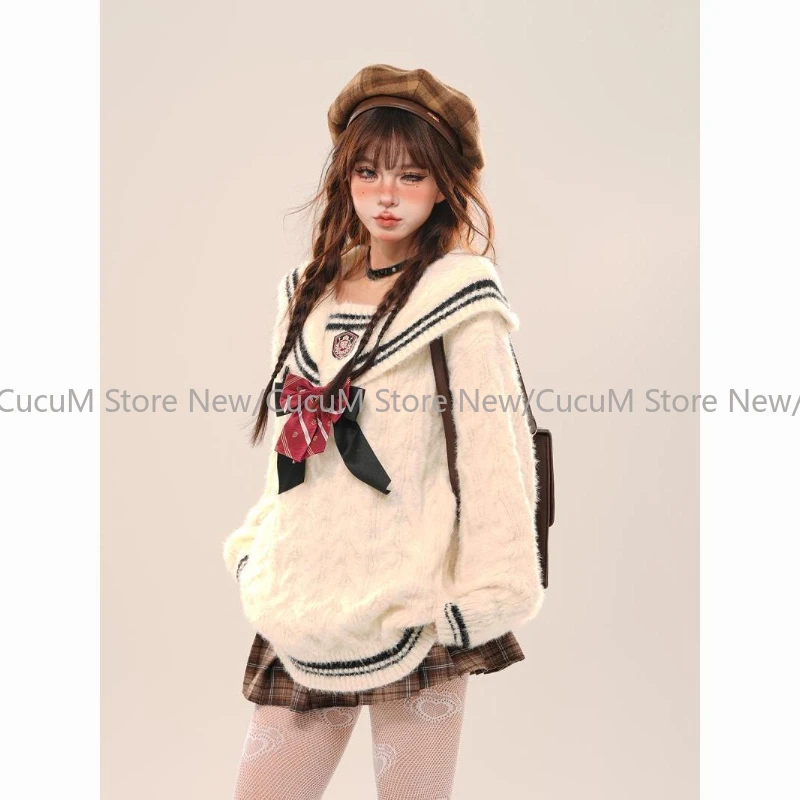 Japanse Kawaii Gebreide Trui Vrouwen Preppy Stijl Koreaanse Sailor Kraag Boog Patchwork Truien Vintage Zoete Y2k Jumpers