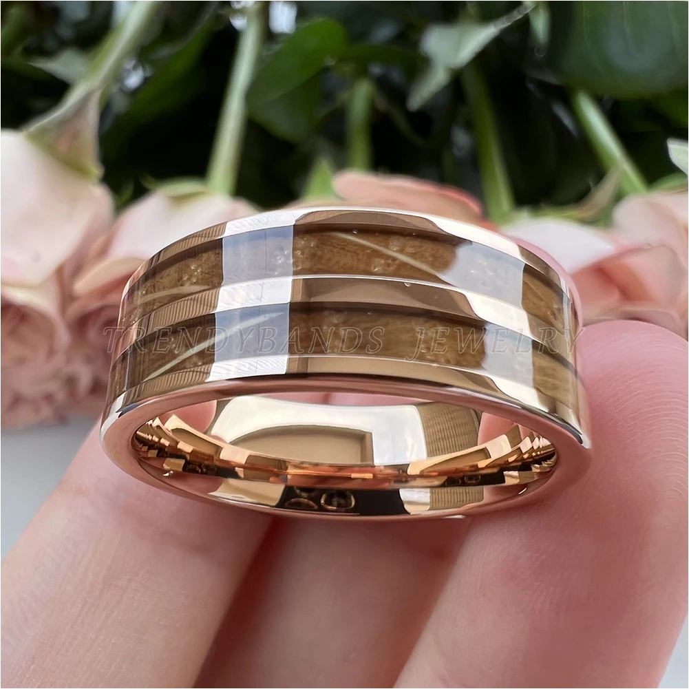 8 mm Herren- und Damenring, Wolfram-Ehering, Paar-Modeschmuck, Whiskyfass, Holzeinlage, poliert, glänzend, bequeme Passform – Detail 16