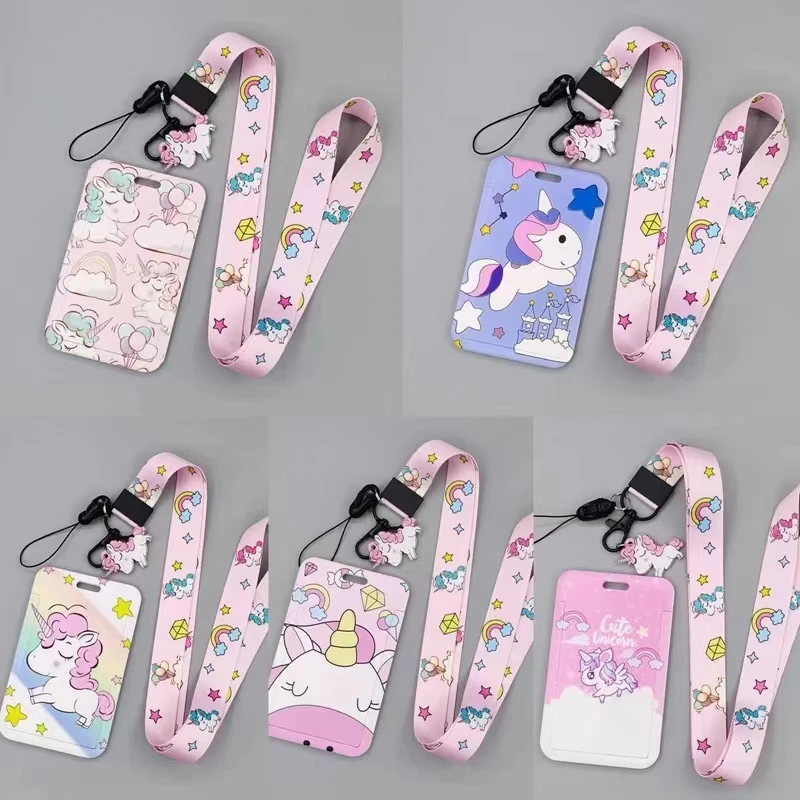 Linda funda con cordón de unicornio para identificación, Soporte para tarjeta, funda para teléfono móvil, funda de crédito bancaria, correa para el cuello para niñas, estudiantes adolescentes