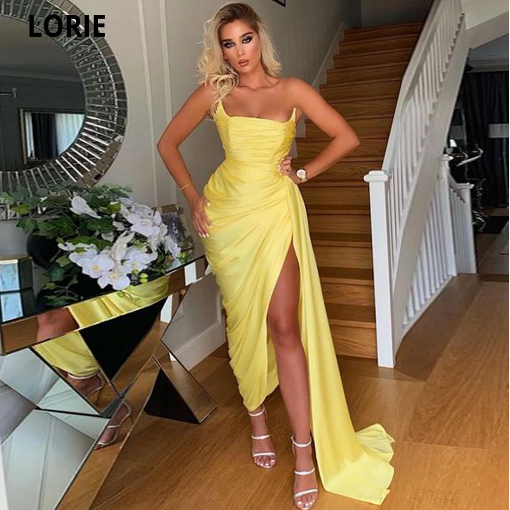 

LORIE Mermaid Yellow Prom Dresses Off The Shoulder Satin Formal Evening Party Dress for Graduation Side Split Vestidos De Fiesta