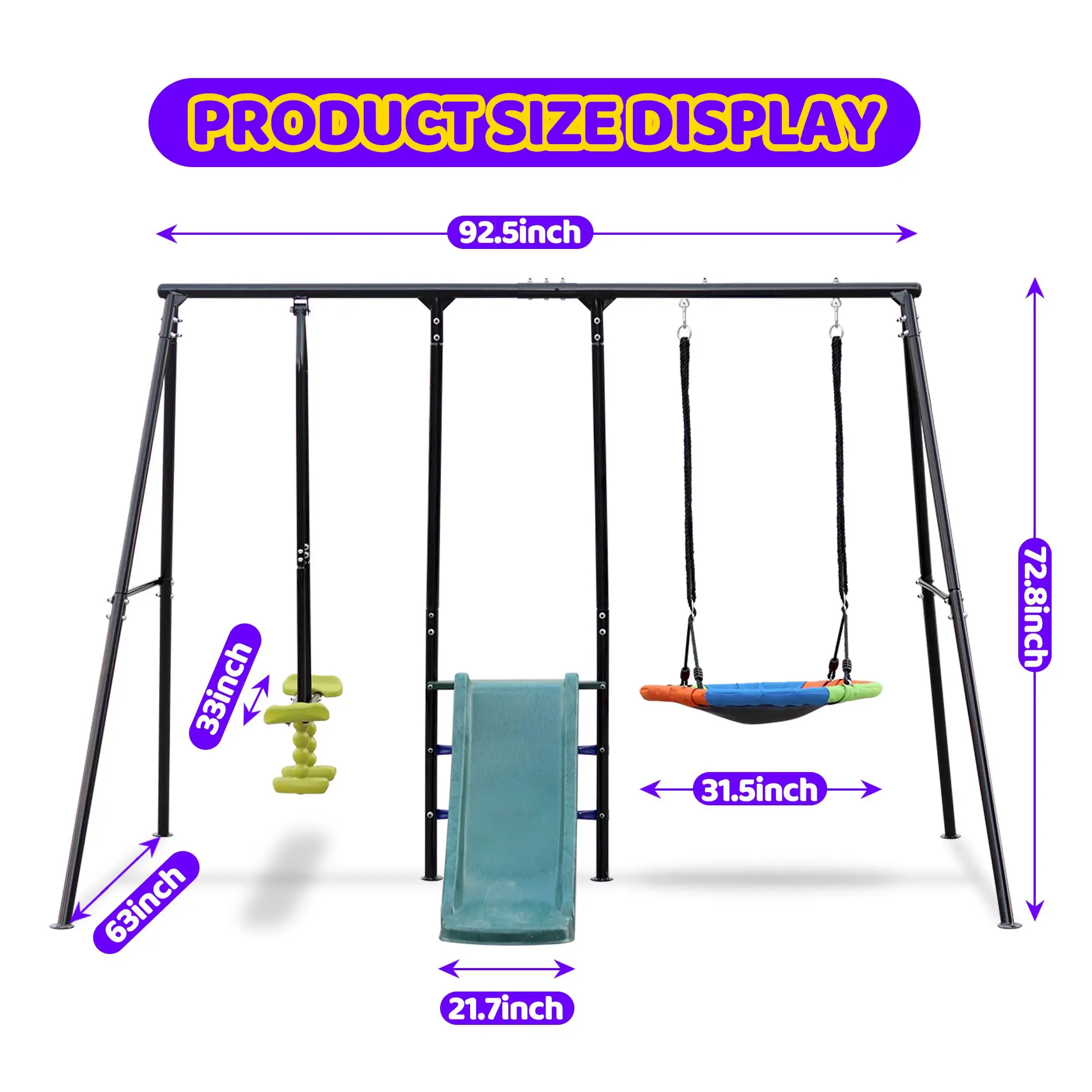 Swing Sets for Backyard, 550LBS Swingset Outdoor for Kids, Basketball Hoop, Climbing Ladder and Nets