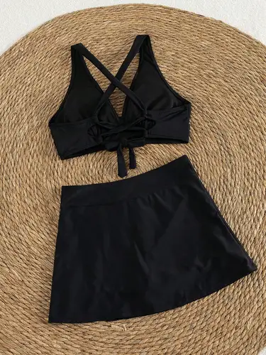 Imagen 2 del producto Conjunto de bikini negro con nudo frontal y falda para mujer, traje de baño de 3 piezas de cintura alta, bañador modesto con falda para vacaciones de verano
